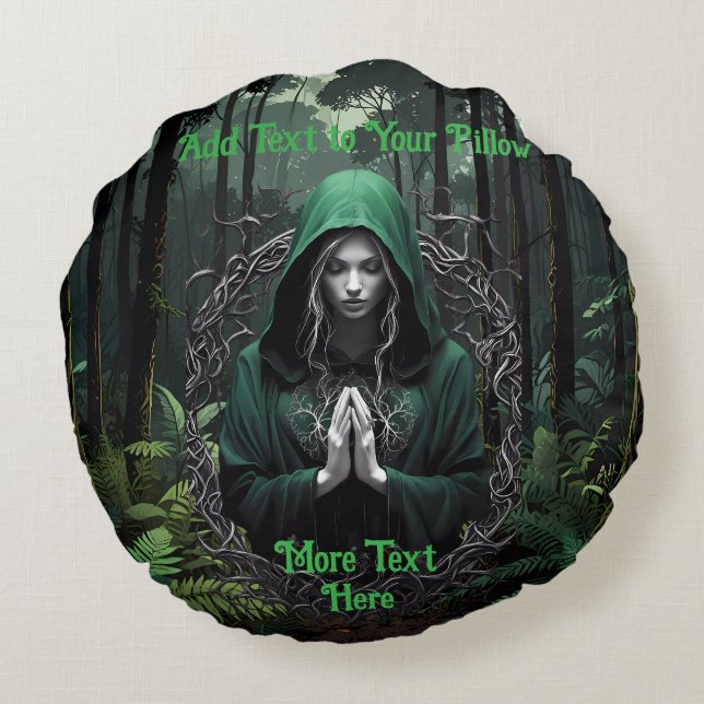 Mystical Green Figure in moody Woods Praying Round Pillow (Back)