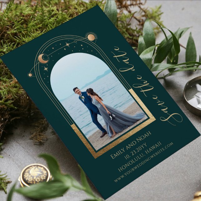 Mystical Green Gold Celestial Two Photo Wedding Save The Date (Creator Uploaded)