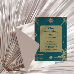 Mystical Green Gold Sun Moon Astronomy Space weddi Invitation