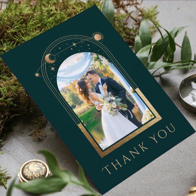 Mystical Green Gold Sun Moon Star Photo Wedding Thank You Card (Creator Uploaded)