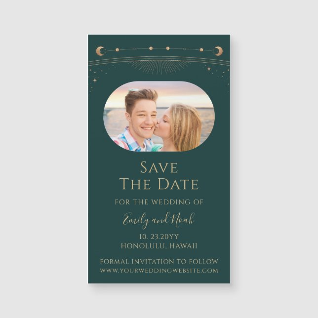 Mystical Green Gold Sun Moon Stars Save The Date (Front)