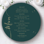Mystical Green Gold Sun Moon Stars Space Wedding Menu<br><div class="desc">Mystical Green Gold Sun Moon Stars Space Wedding Menu Cards features simple gold stars on a green background with your menu details in the centre in modern gold calligraphy script. Personalize by editing the text in the text boxes provided. Designed by Evco Studio www.zazzle.com/store/evcostudio</div>
