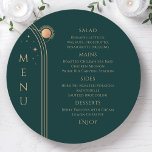 Mystical Green Gold Sun Moon Stars Space Wedding Menu<br><div class="desc">Mystical Green Gold Sun Moon Stars Space Wedding Menu Cards features simple gold stars on a green background with your menu details in the centre in modern gold calligraphy script. Personalize by editing the text in the text boxes provided. Designed for you by Evco Studio © at www.zazzle.com/store/evcostudio</div>