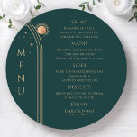Mystical Green Gold Sun Moon Stars Space Wedding Menu<br><div class="desc">Mystical Green Gold Sun Moon Stars Space Wedding Menu Cards features simple gold stars on a green background with your menu details in the centre in modern gold calligraphy script. Personalize by editing the text in the text boxes provided. Designed for you by Evco Studio © at www.zazzle.com/store/evcostudio</div>