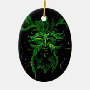 Mystical Greenman Forest Spirit Leaf Face Fantasy Ceramic Ornament