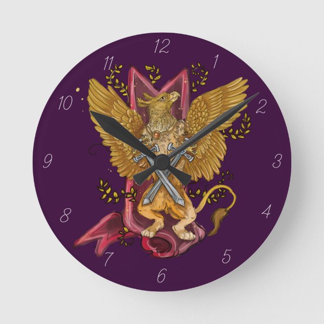Mystical Gryphon with swords Round Clock (Front)