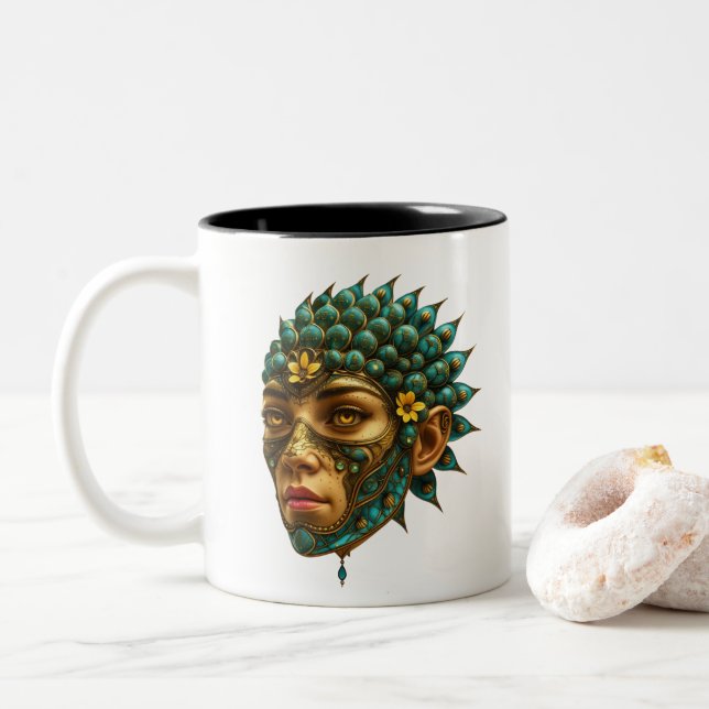 Mystical Guardian Vision - Fantasy Graphic Art Two-Tone Coffee Mug (With Donut)