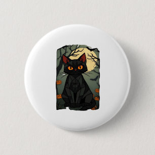 Mystical Halloween Black Cat Art - Spooky Feline w 2 Inch Round Button