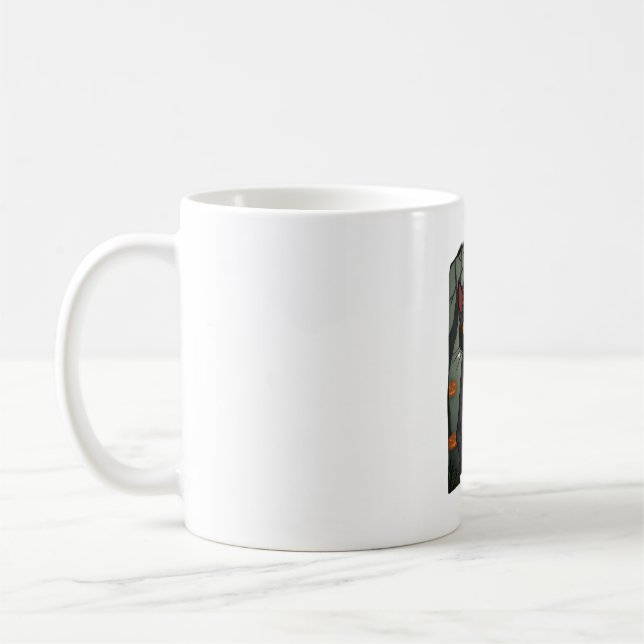 Mystical Halloween Black Cat Art - Spooky Feline w Coffee Mug (Left)