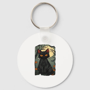 Mystical Halloween Black Cat Art - Spooky Feline w Keychain