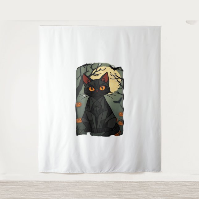 Mystical Halloween Black Cat Art - Spooky Feline w Tapestry (Front)