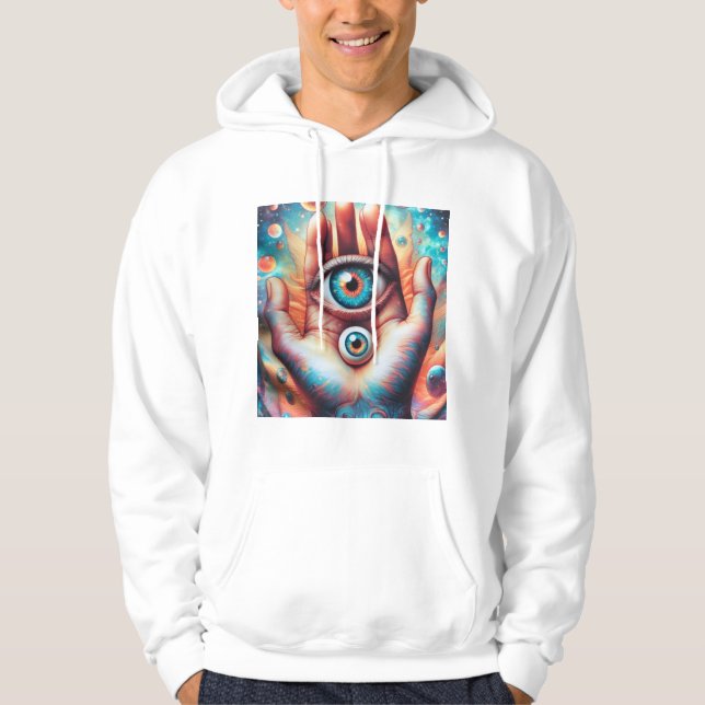 Mystical Hand Holding a Multicolored Third Eye Art Hoodie (Front)