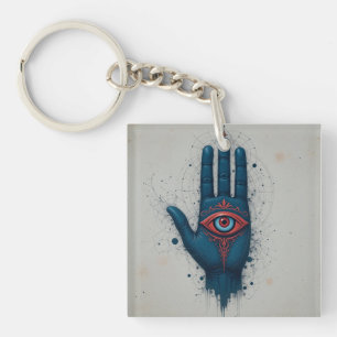 Mystical Hand Illustration with Red Eye Keychain