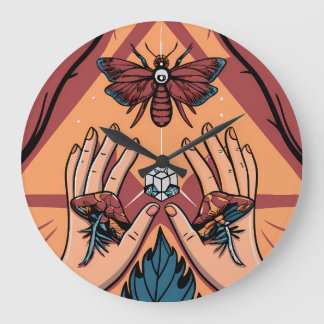 Mystical Hands Offering Fungi to Moth Spirit Large Clock