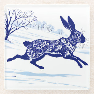 Mystical Hare : Whimsical Hare In The Snow Glass Coaster