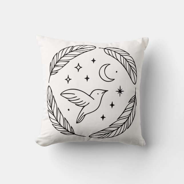Mystical Hummingbird Line Art in Celestial Circle Throw Pillow (Front)