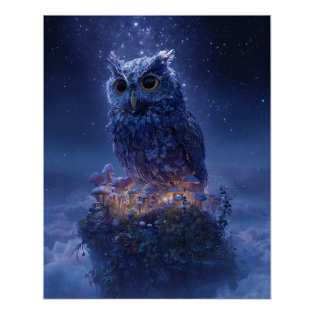 Mystical Ice Owl on Floating Island Fantasy Art Poster (Front)