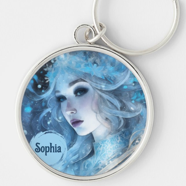 Mystical Ice Queen - Fantasy Winter Goddess Art Keychain (Front)