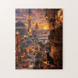 Mystical Istanbul Sunset Black Cat Balcony View Jigsaw Puzzle<br><div class="desc">Step into the magical atmosphere of Istanbul at sunset. This artistic design captures a peaceful moment in the historic streets where a mysterious black cat gazes upward while a woman leans from her balcony under the golden evening sky. In the background, the majestic mosque domes, the iconic Galata Tower, and...</div>