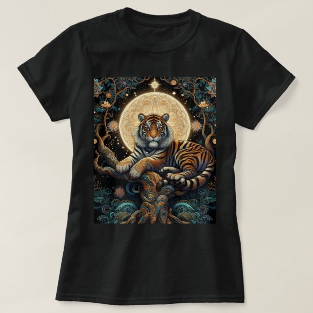 Mystical Jungle Cat Tiger Black  T-Shirt (Design Front)
