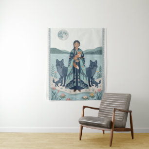 Mystical Lake Guardian Art Print - Folk Art Woman  Tapestry