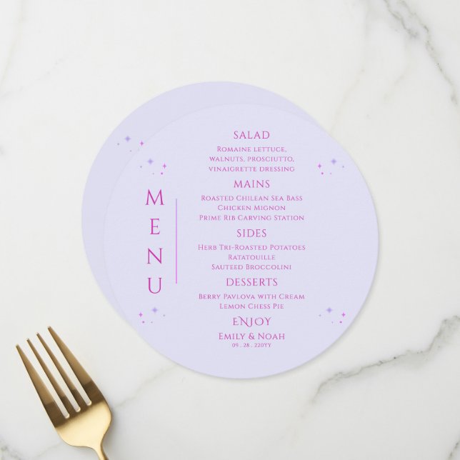 Mystical Lavender Pink Sun Moon Space Wedding Menu (Front/Back In Situ)