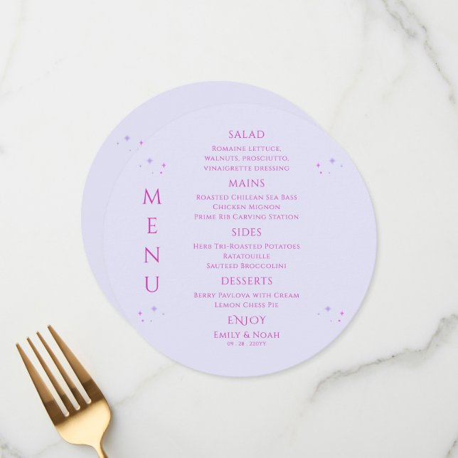 Mystical Lavender Pink Sun Moon Space Wedding Menu (Front/Back In Situ)