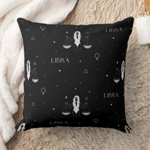Mystical Libra Zodiac Pattern in Black and White Throw Pillow