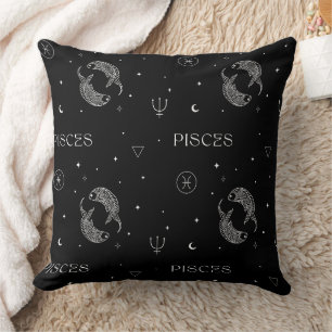 Mystical Libra Zodiac Pattern in Black and White Throw Pillow
