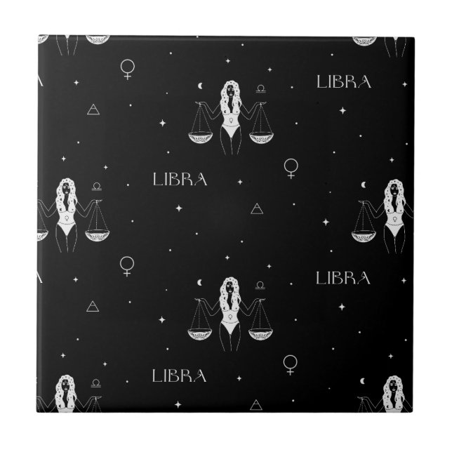 Mystical Libra Zodiac Pattern in Black and White Tile (Front)
