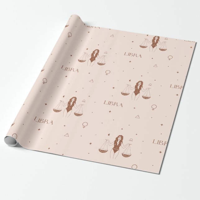 Mystical Libra Zodiac Pattern in Pink and Brown Wrapping Paper (Unrolled)