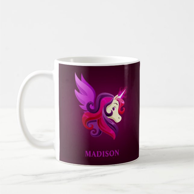 Mystical Magenta Unicorn Personalized Name Coffee Mug (Left)