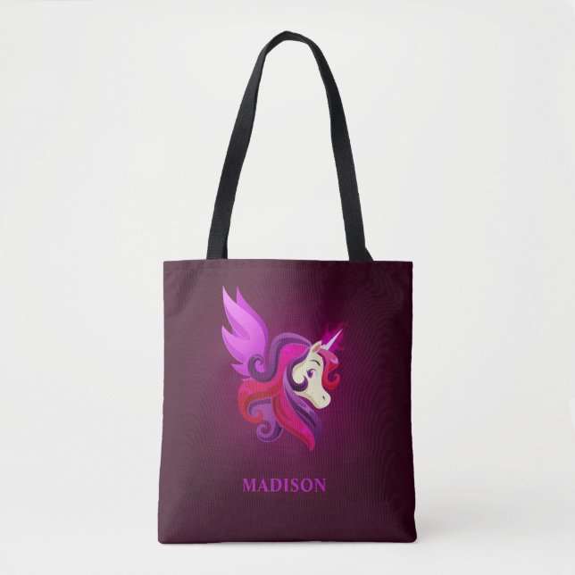Mystical Magenta Unicorn Personalized Name Tote Bag (Front)