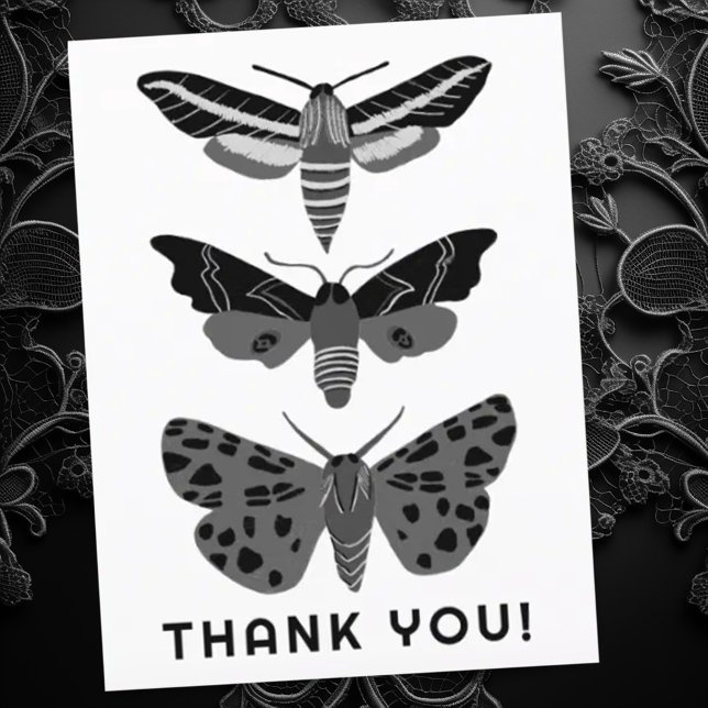 Mystical Magical Moths Black and White THANK YOU Postcard (Gothic dark moths make a moody thank you card. customize with your own text)