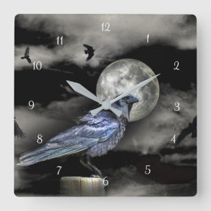 Mystical Magical Raven or Crows and Moon Square Wall Clock