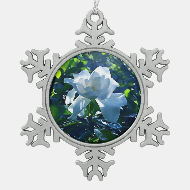 Mystical Magnolia Snowflake Snowflake Pewter Christmas Ornament (Front)