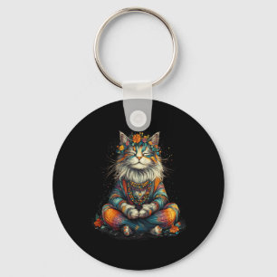 Mystical Meditating Cat - Boho Zen Artwork - Yoga Keychain