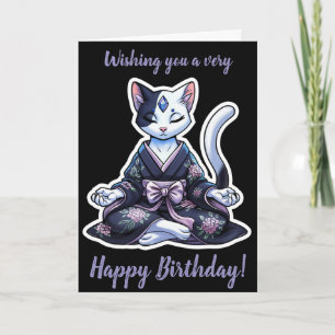 Mystical Meditating Cat in Floral Kimono Black Card