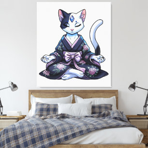 Mystical Meditating Cat in Floral Kimono Canvas Print