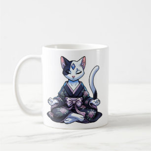 Mystical Meditating Cat in Floral Kimono Coffee Mug