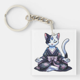 Mystical Meditating Cat in Floral Kimono Keychain