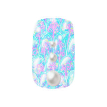 Mystical Mermaid Aqua Pearls and Glitter Nail Art 