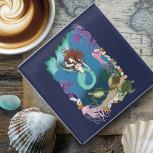 Mystical Mermaid Ocean Fantasy Blue Sea-Life Glass Coaster