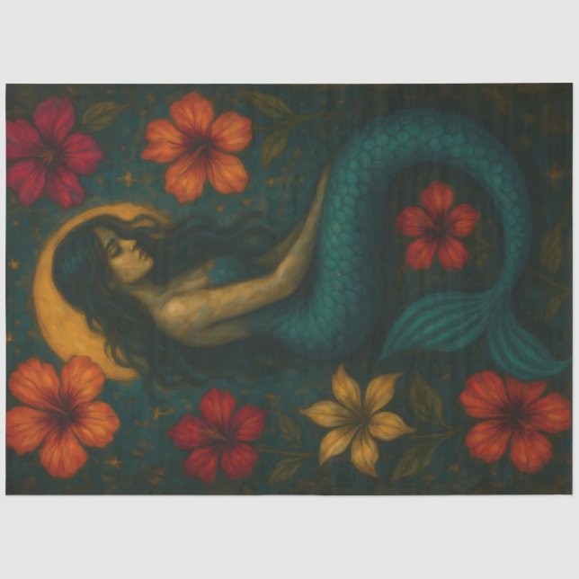 Mystical Mermaid with Hibiscus Flowers Decoupage  Tissue Paper (Front)