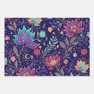 Mystical Midnight Garden Lotus and Moon Wrapping Paper Sheet