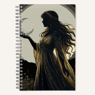 Mystical Moon Goddess, Celestial Woman Silhouette Notebook