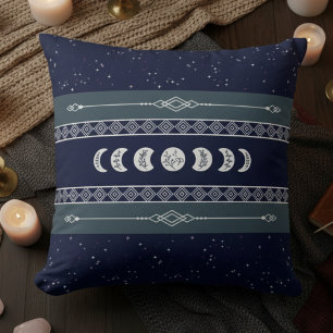 Mystical Moon Navy Blue Night Sky Throw Pillow