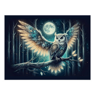 Mystical Moon Owl Celestial Forest Glow Poster