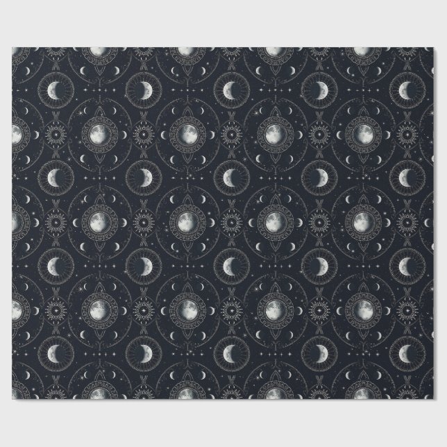 Mystical Moon Phases Celestial Gothic Pattern Wrapping Paper (Flat)