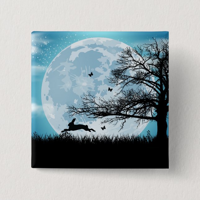 Mystical Moon with Rabbit Silhouette 2 Inch Square Button (Front)